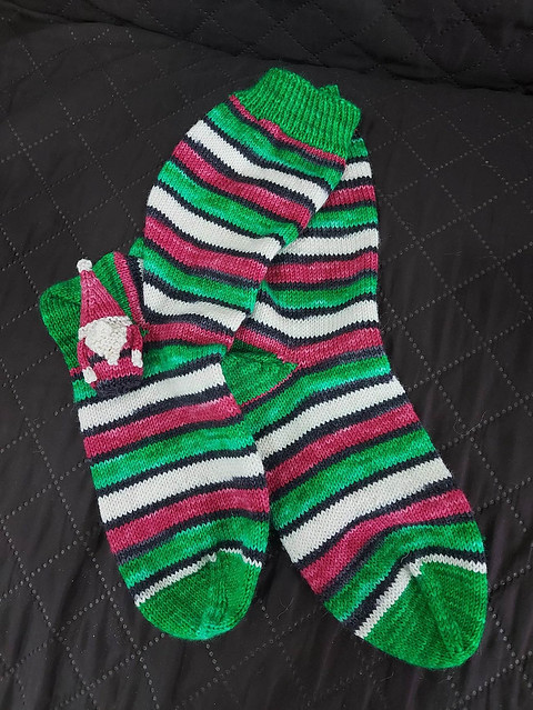 Sandi (sandima) finished this pair of socks using Timber Yarns Twin Socks in Ho Ho Ho and the tiny Gnome that she received for finishing her Year of Gnomes using the leftovers!