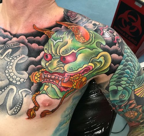 Japanese Hanna mask tattooed by Brandon G Notch