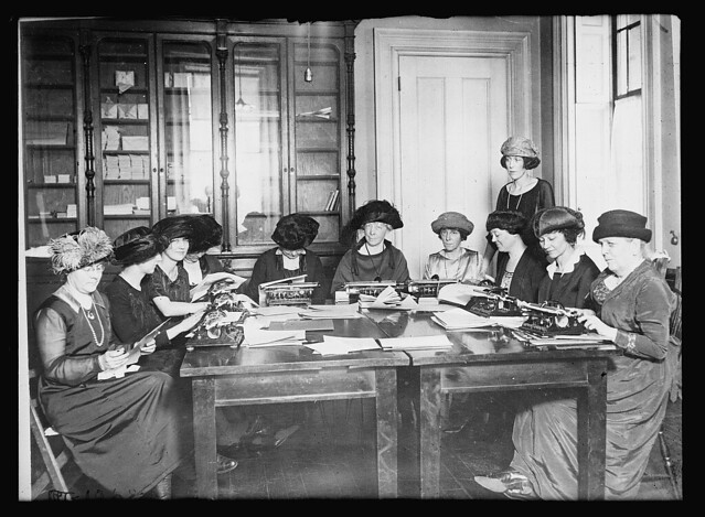 A group of New York women transcribing popular fiction into Braille for blinded ex-service man under the direction of the New York County Chapter ARC. A course of ten lessons is given to fit these Braille workers (LOC)