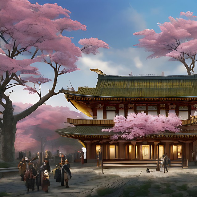hyperdetailed ancient train station with sakura trees ...