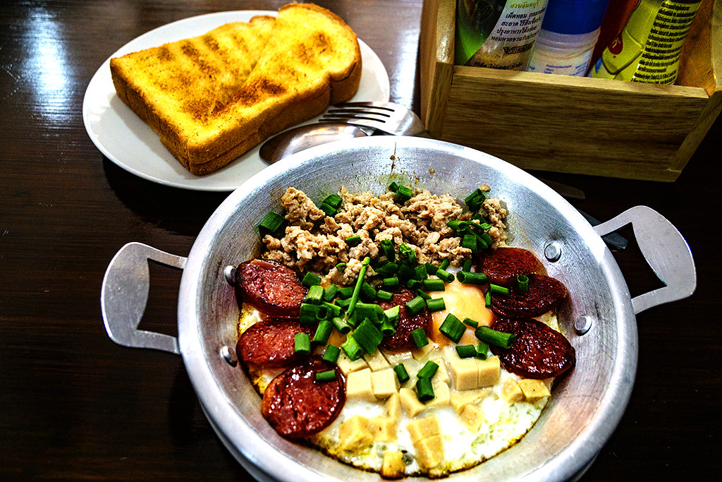 Eggs with Chinese sausage, ground pork and pork roll for 79 bahts on 1-28-23--Bangkok copy