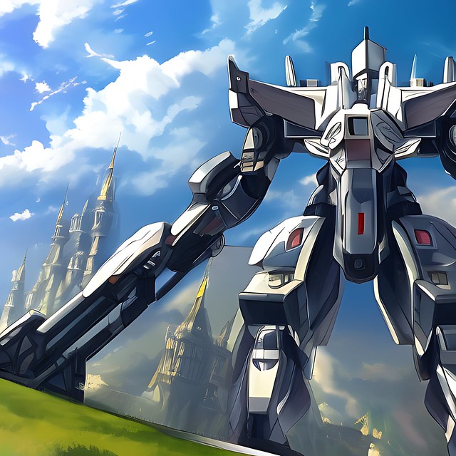 A futuristic landscape with gigantic mecha and castles anime style