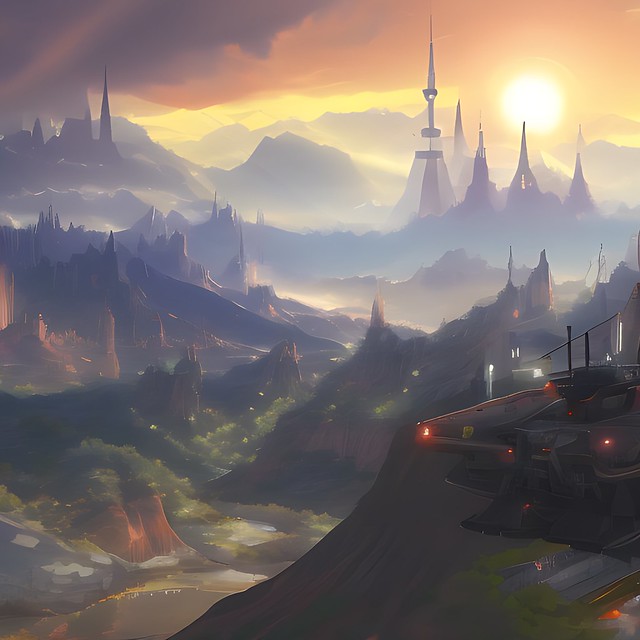A futuristic landscape with gigantic mecha and castles anime style