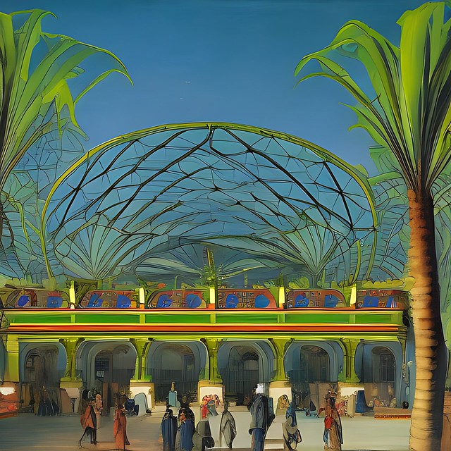 hyperdetailed neon renaissence train station with palm trees ...
