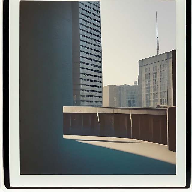 polaroid photo of modern cityscape brutalist architecture ...