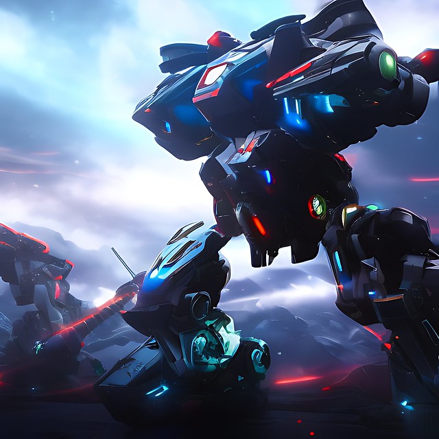 A futuristic mecha fighting an army of shadow lord anime style very detailed and sharp