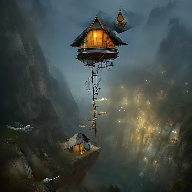 a flying house in the mountains intricate ...