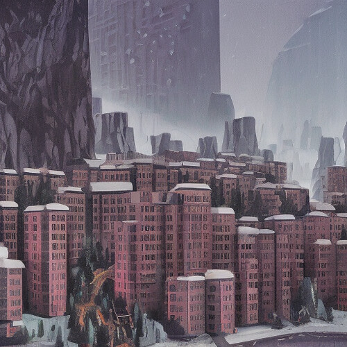 a beautiful painting brutalist buildings making up a small city with crowds of people in an icy mountain