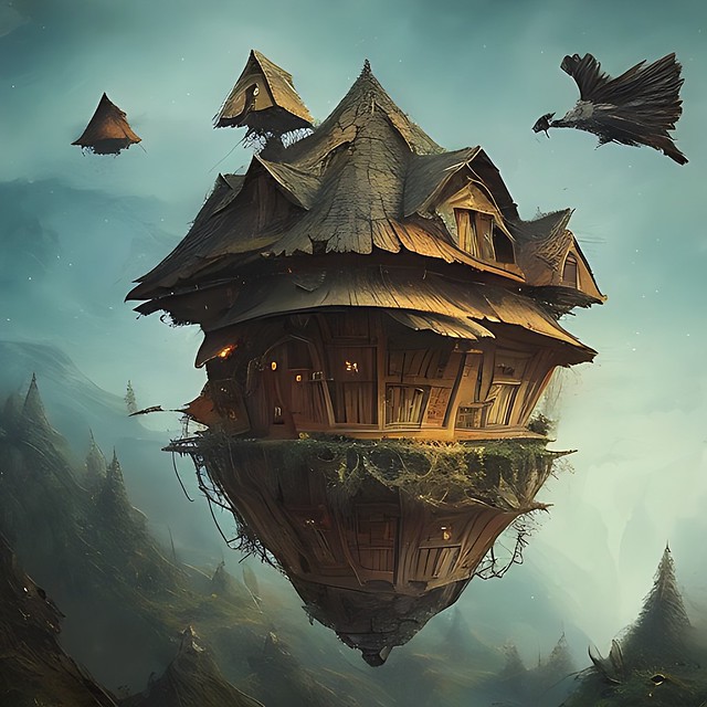 a flying house in the mountains intricate ...