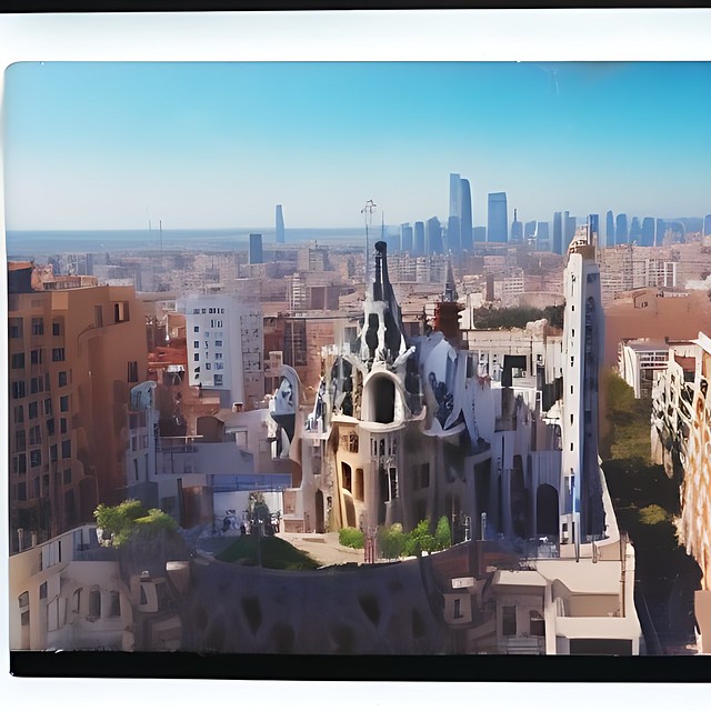 polaroid photo of modern cityscape gaudi architecture ...