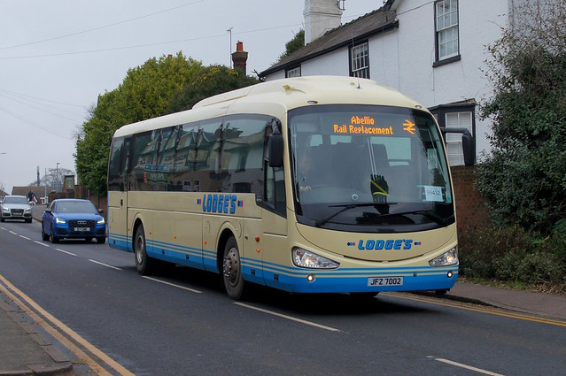 Rail Replacement: Lodges Coaches (ex Translink Ulsterbus 1002) Scania K320/Irizar i4 JFZ7002 Silver Street Stansted Mountfitchet 29/01/23