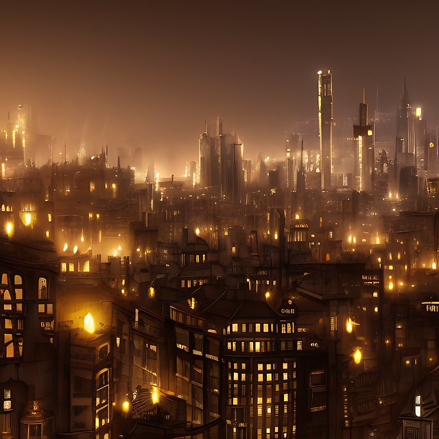 Long exposure of a steampunk cityscape at night ...