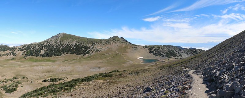 Panorama view looking back toward Frozen Lake on the Burroughs Mountain Trail in Mount Rainier National Park