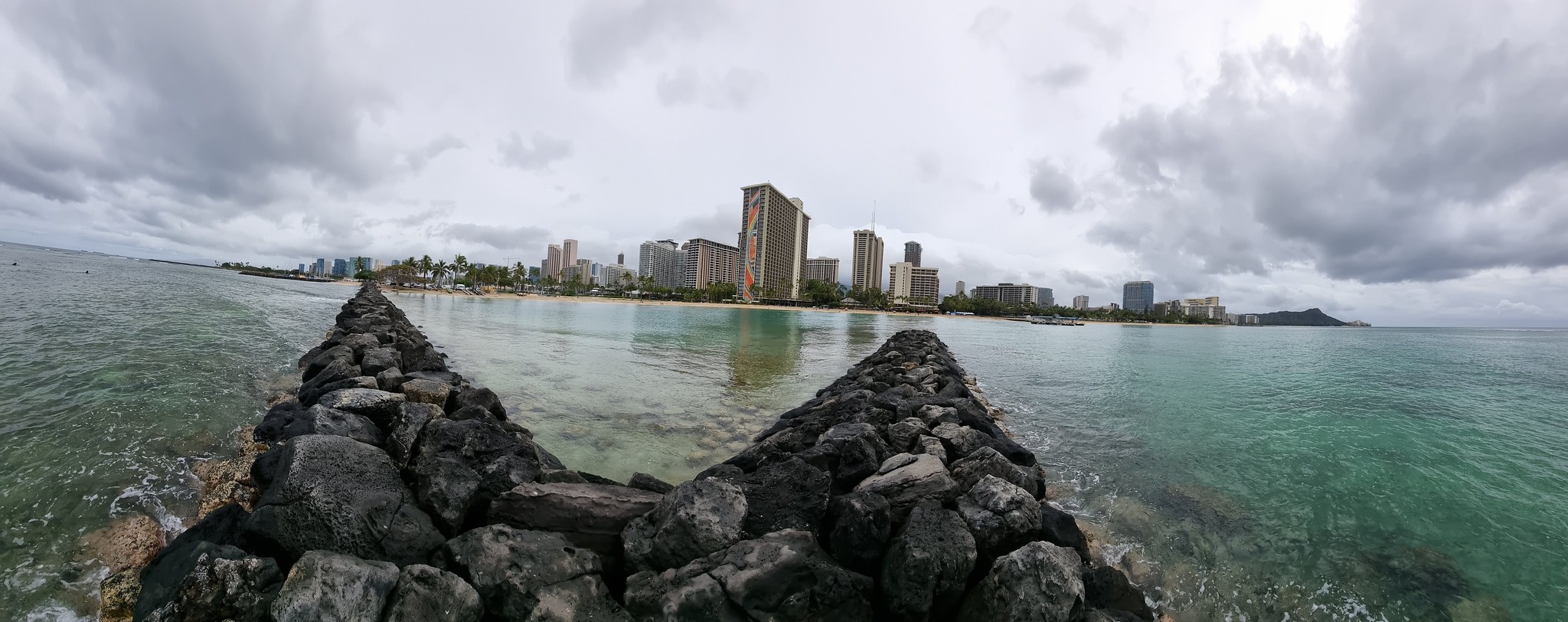 A panorama looking back at the Hilton Hawaiian Village and the Rainbow Tower