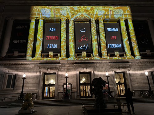Woman Life Freedom: ArtRise Collective projection on Asian Art Museum in San Francisco