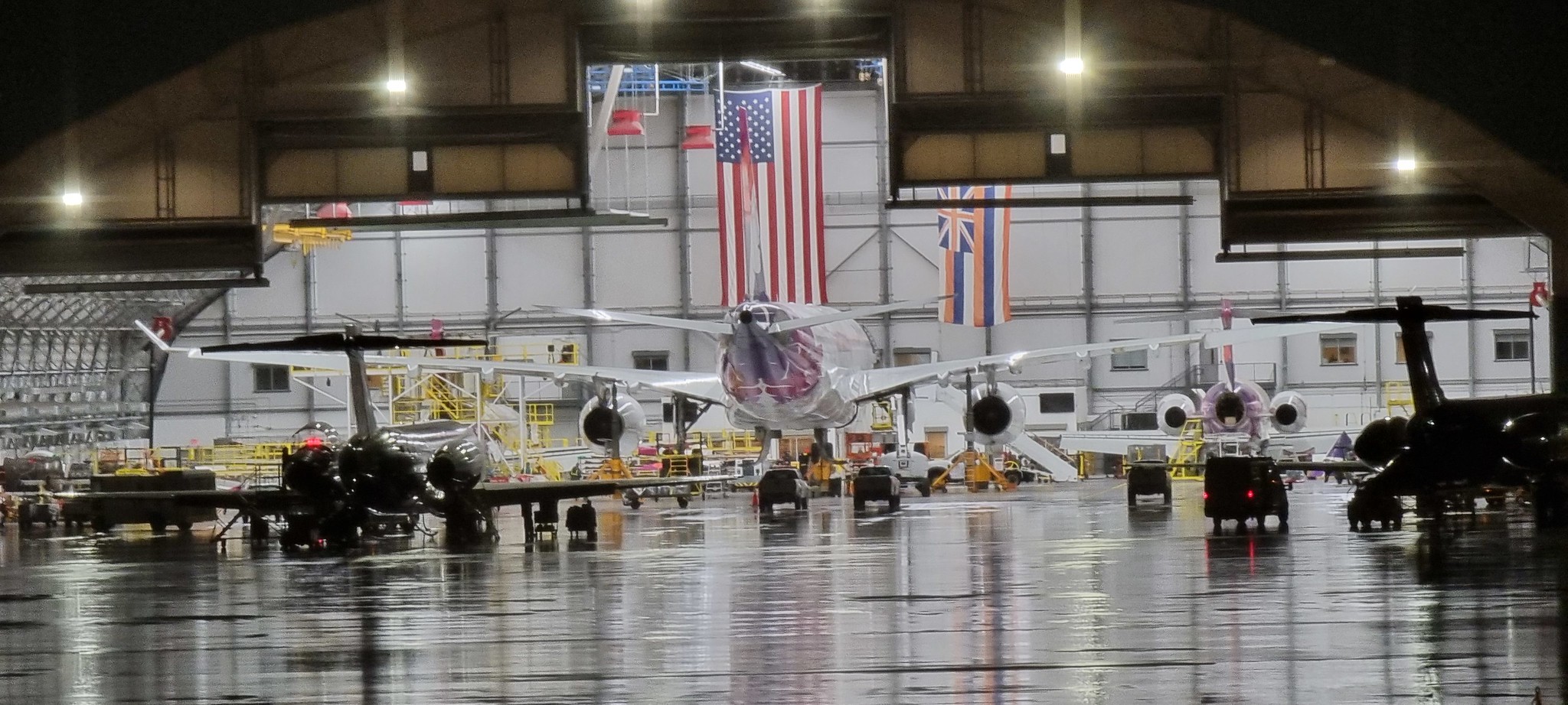 A view of a proud American aircraft hangar at Honolulu airport