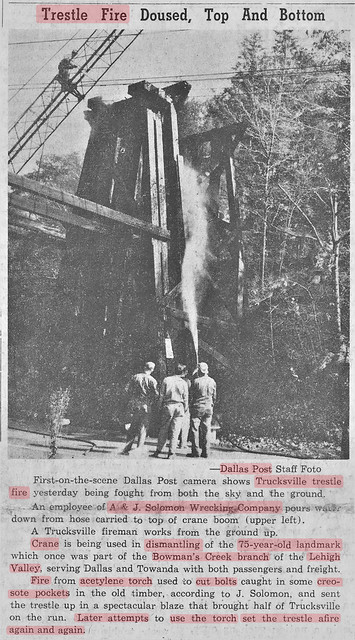 19641029 The Dallas post., Page 1 Col 6 - 75 Year Old Trucksville Trestle Catches Fire from Acetylene Torch used in Dismantling big cropped 2
