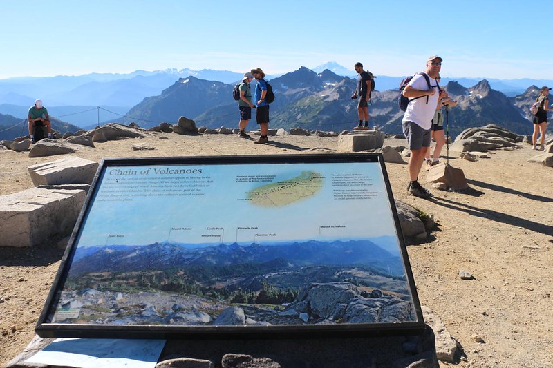 View of the interpretive display and lots of people at Inspiration Point at Mount Rainier National Park