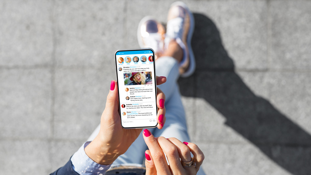 Image of woman walking on street on social media.