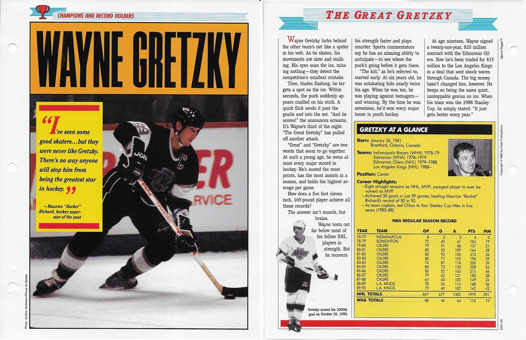 1989-91 Newfield Sports Pages - Champions and Record Holders - Gretzky, Wayne (stats though 1989-90, yellow background)