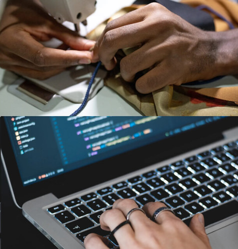The top half of the image is a pair of hands sewing a garment and the bottom half of the image is a pair of hands typing on a laptop.