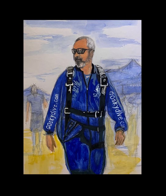 My eldest son on his sky diving day. Watercolour portrait by jmsw on thick card. painted as a souvenir for him.