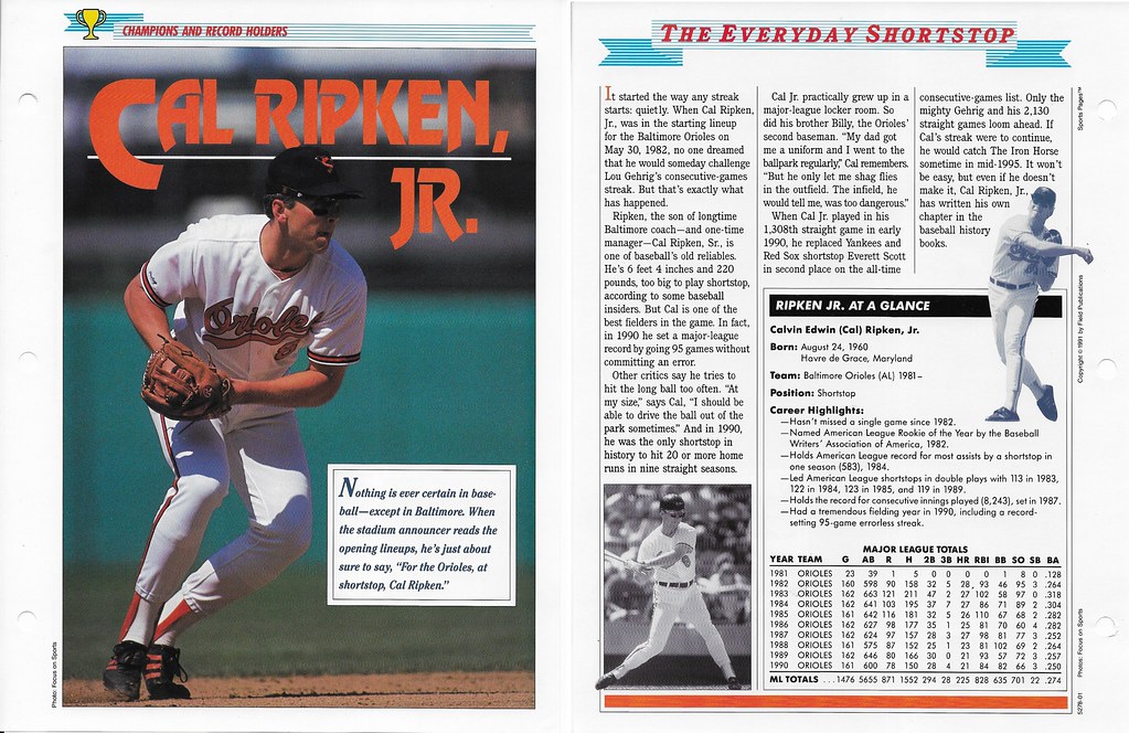 1989-91 Newfield Sports Pages - Champions and Record Holders - Ripken Jr, Cal (stats through 1990)