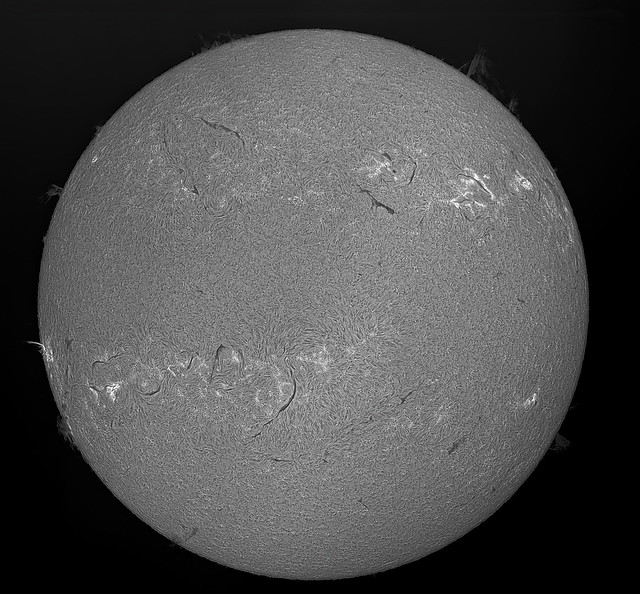 Sun in H-alpha 30 Jan 2023 PST=11h16m46s ZWO ASI178MM Exposure= 3_1ms Gain=150 LUNT LS60MT with front LS60FHa and LS50FHa Triple stacked Ps-BW
