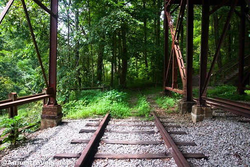 The end of the rail tracks underneath the end of the Nuttallburg Tipple, New River Gorge National Park, West Virginia
