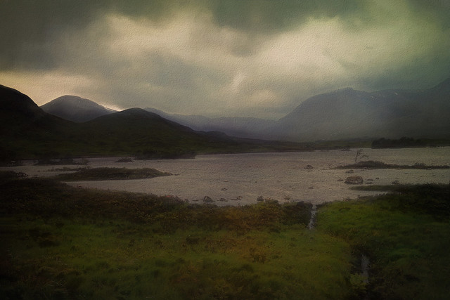 A soggy Scottish landscape - mountains and loch