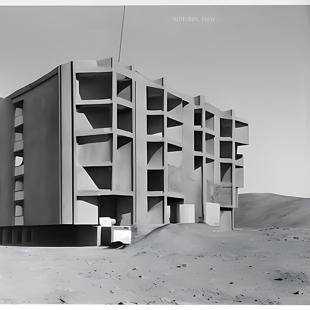 photo of a building base on the moon brutalist architectural style