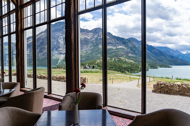 Waterton, Alberta, Canada - July 5, 2022: View from inside the lobby at the Prince of Wales historic hotel, in Waterton Lakes National Park