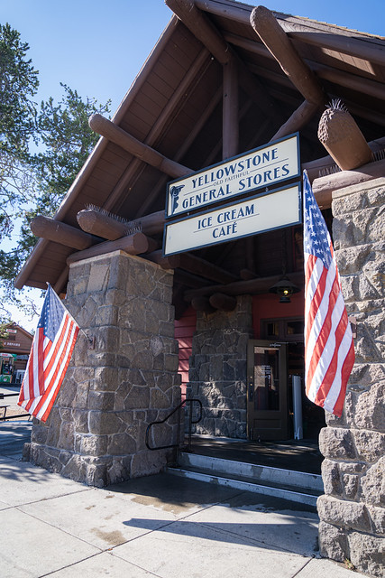 Wyoming, USA - July 20, 2022: Exterior of the Old Faithful Yellowstone General Store, Cafe and Gift shop in summer