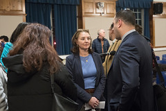 State Rep. Tracy Marra talks with Matt Pentz, executive director of the Norwalk Transit District, following a Norwalk Legislative Delegation town hall forum on Wednesday, February 1st.