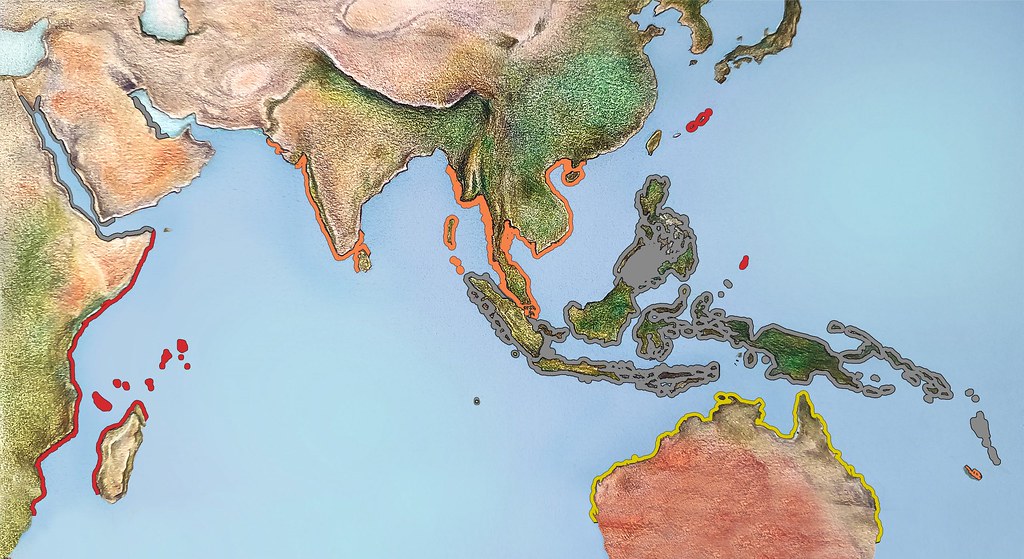 目前已知的儒艮分佈區域。 紅色代表儒艮在此區域被列為極度瀕危，橙色代表被列為瀕危，黃色代表被列為臨近瀕危，灰色則代表數據不足夠無法做出判斷。 世界自然保護聯盟已正式評估了儒艮在全球以及以下區域範圍內的狀況：東非沿海亞種群（最近更新）、日本（Nansei Shoto）亞種群和新喀里多尼亞亞種群。 在全球範圍內，儒艮被列為脆弱物種。 數據來源：世界自然保護聯盟紅色名錄; 繪圖：李玉強，QMCS / 中國對話海洋