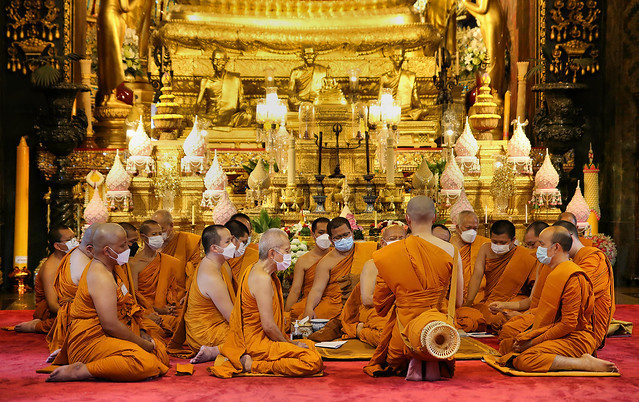 Thai monks during spiritual ceremony at Wat Bowonniwet
