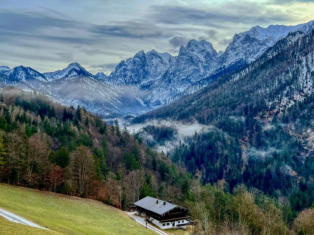 Snowy Kaiser mountain landscape seen from Kaiser valley near Kufstein in Tyrol, Austria