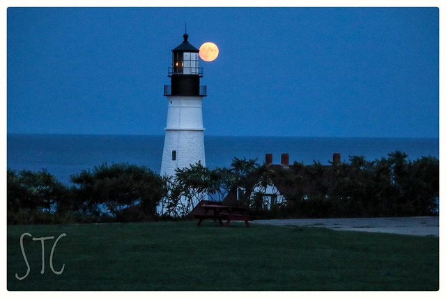 The lighted Lighthouse and the Super Moon