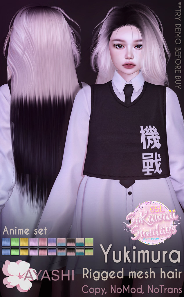SO KAWAII SUNDAY DEAL! Get the Yukimura hairstyle with the special anime color pack from [^.^Ayashi^.^] for only 65L$ at the SoKawaiiSunday event. Don't miss out on this amazing offer!