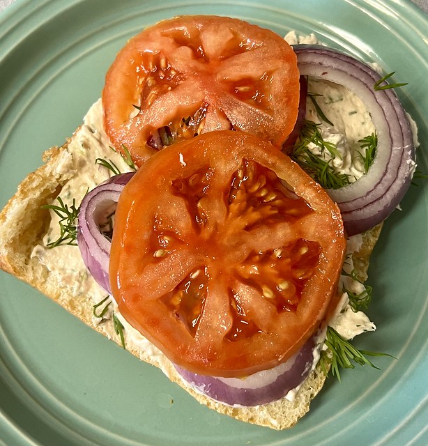 Open Faced Salmon Spread Sandwich with Fresh Dill, Red Onion and Tomato