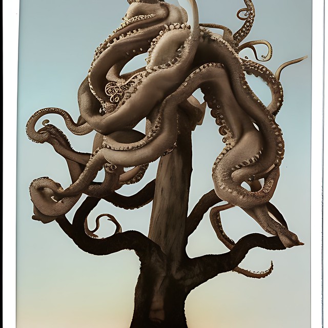 polaroid photo of a tree shaped like an octopus ...