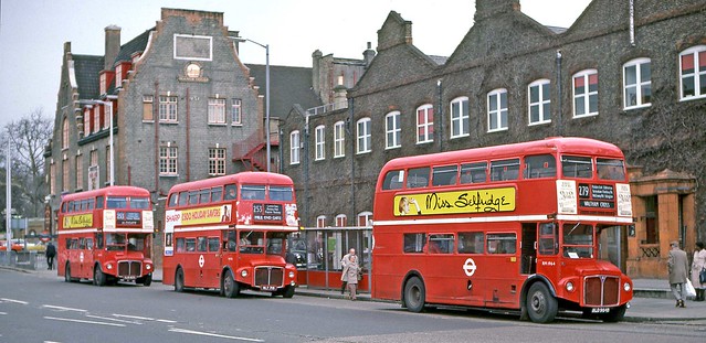 London Transport: RM1964 (ALD964B) on Route 279 followed by RM715 (WLT715) and RM2092 (ALM92B) on Route 253 in Seven Sisters Road at Manor House