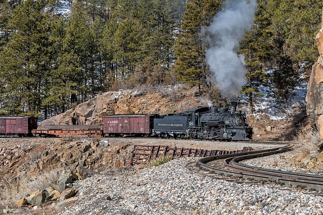 481 on the High Line at the Horseshoe Curve during the 2022 Durango and Silverton Narrow Gauge Railroad Winter Photo Special. 02/22