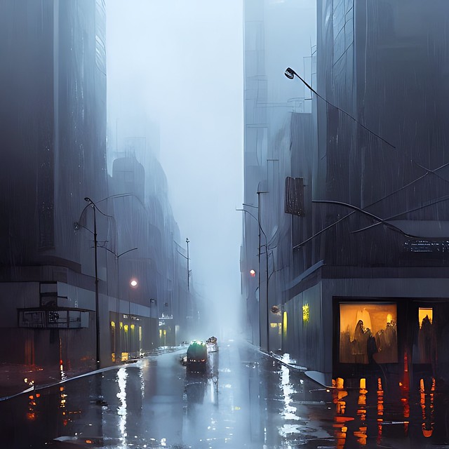a gloomy futuristic cityscape with heavy rain and empty streets painting ...