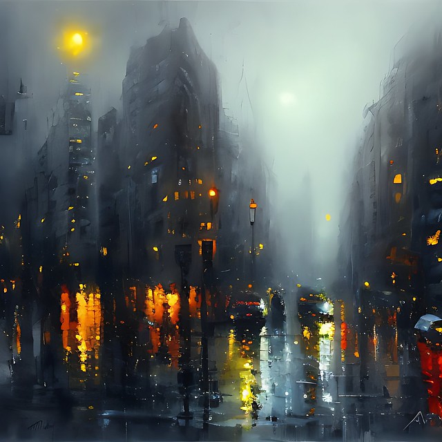cyberpunk cityscape dark gloomy shadows painting