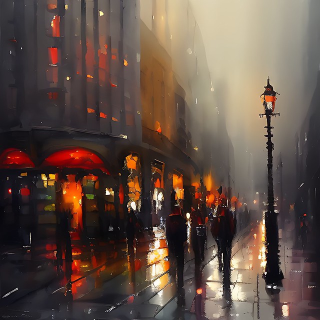 cyberpunk cityscape dark gloomy shadows painting