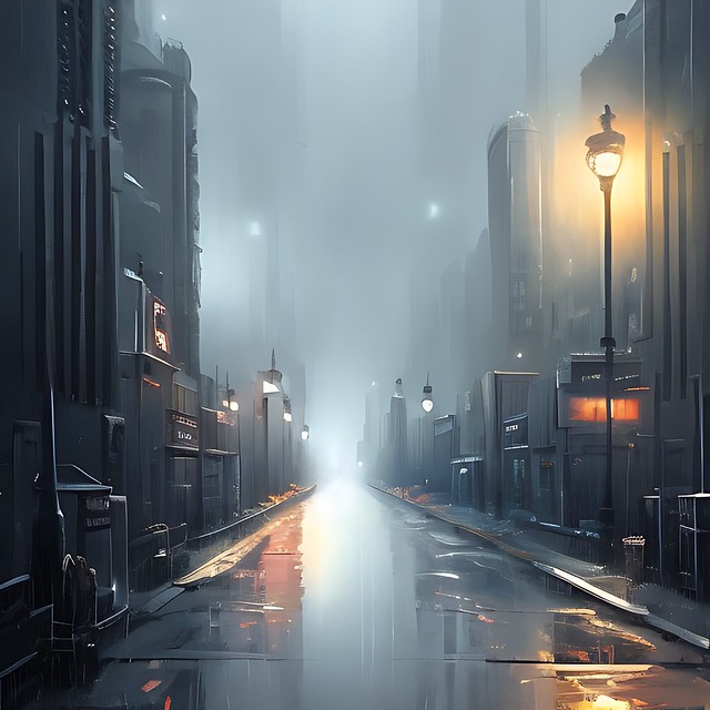 a gloomy futuristic cityscape with heavy rain and empty streets painting ...