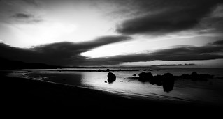 Rocky bay at dawn, West Kilbride, North Ayrshire, Scotland,  UK B&W