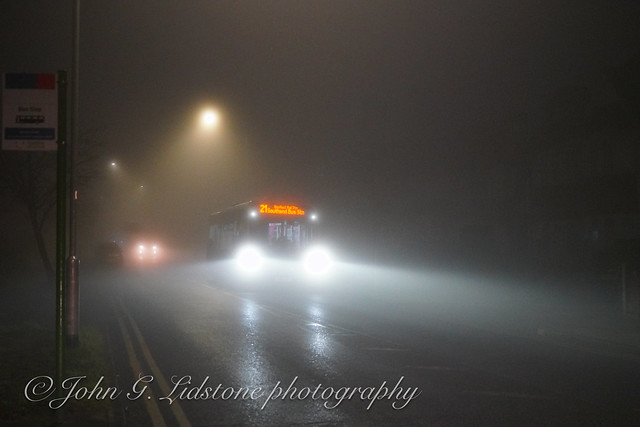 Battling pre-dawn thick freezing fog, with First Essex (Hadleigh) Wright StreetLite 47648, SN15 AFK on the first bus of the day at 06:33