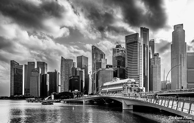 The skyline of downtown Singapore with the Jubilee Bridge